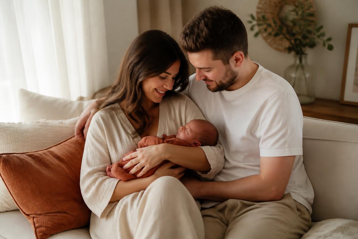 Coppia felice con il proprio neonato in un momento di intimità domestica